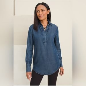 NWT Chico's Step Hem Touch of Cool Chambray Denim Tencel Popover Tunic Top- XS/S